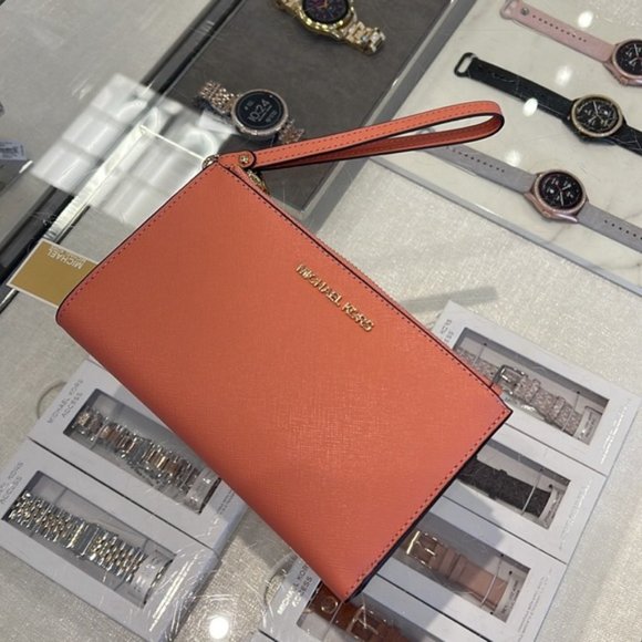 Michael Kors Jet Set Travel Leather Large Double Zip Wallet Wristlet Sherbert - Picture 13 of 16